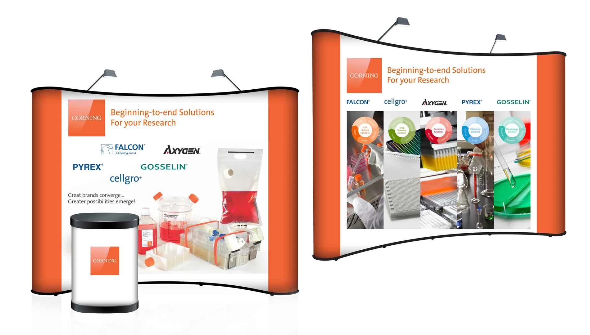 Corning Display stand Display stand featuring a vibrant orange and white background, showcasing products in an eye-catching arrangement