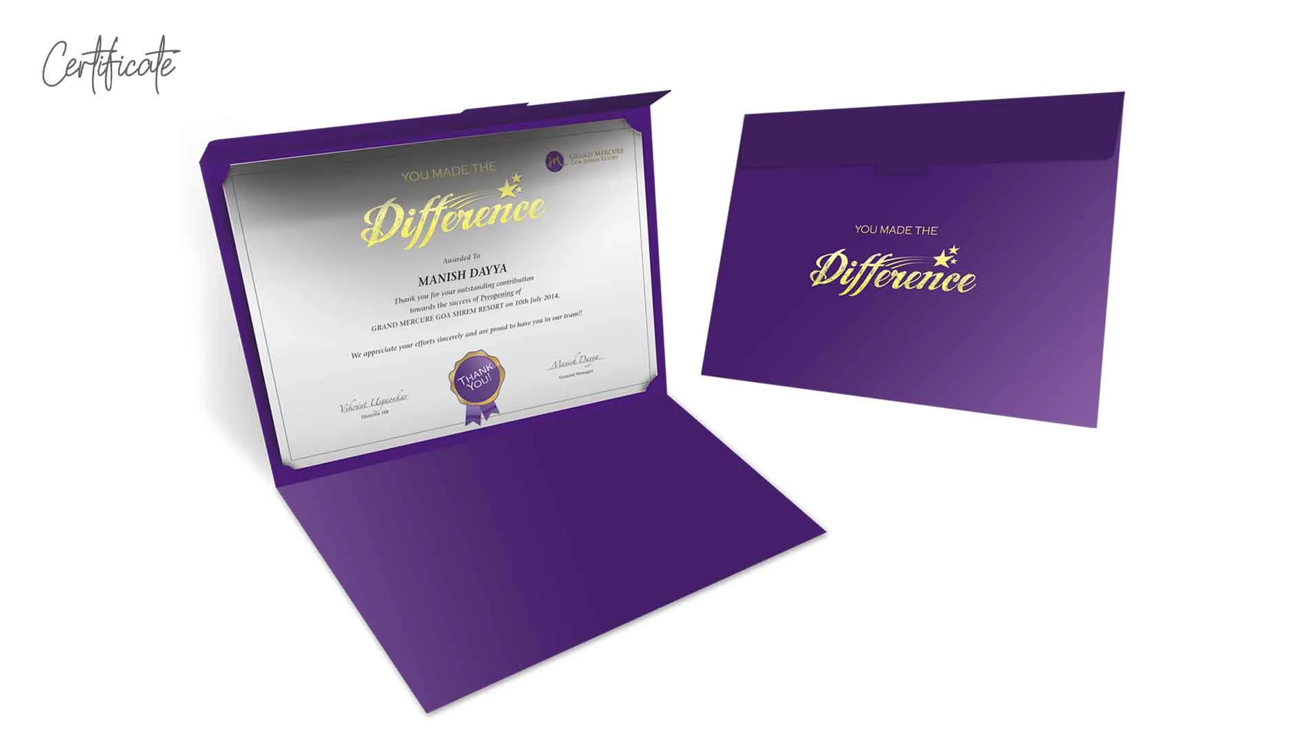A purple certificate framed in gold, symbolizing the achievements of Grand Mercure