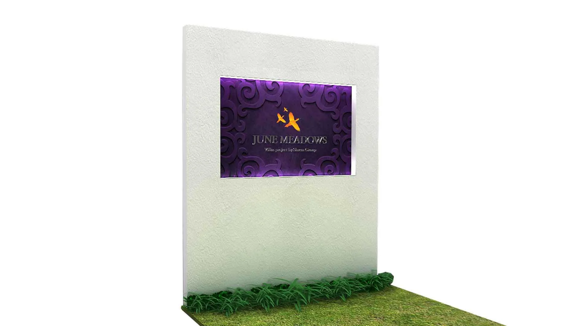 Large white wall featuring a prominent purple and gold 'June Meadows' logo