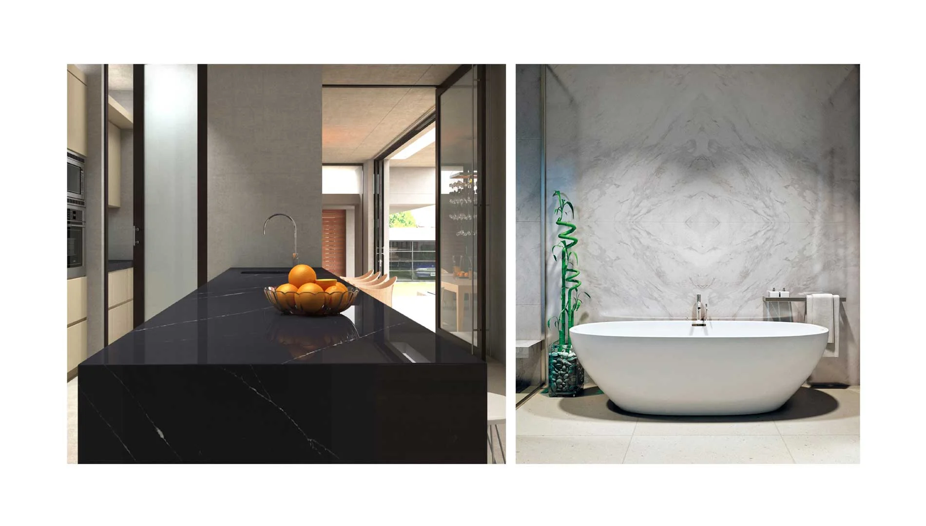 Two images of a bathroom featuring a bathtub and a sink | Quorastone Two images of a bathroom featuring a bathtub and a sink | Quorastone