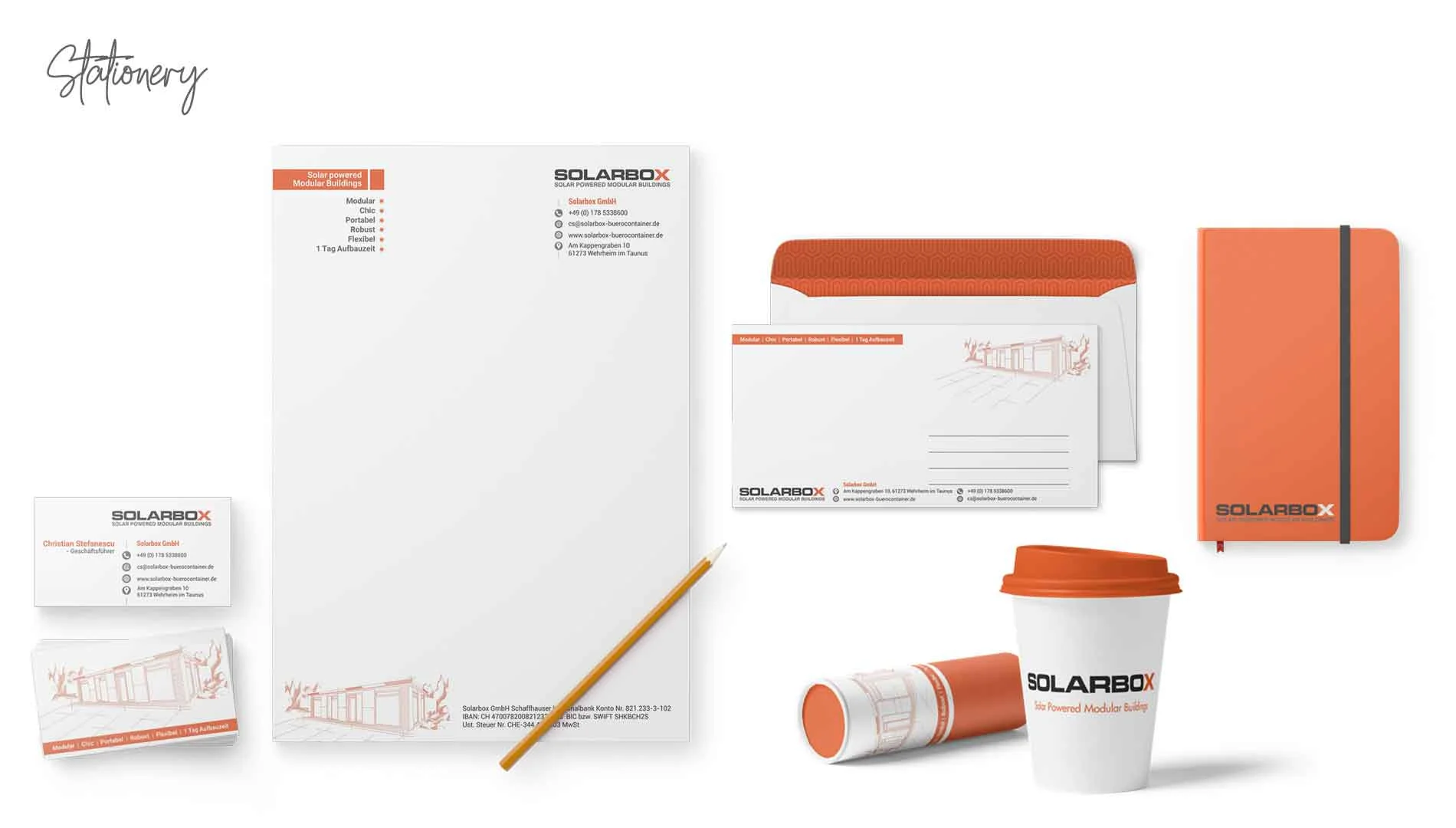 SolarBox branding by Boch & Fernsh: professional stationery featuring modern orange and white design for modular buildings