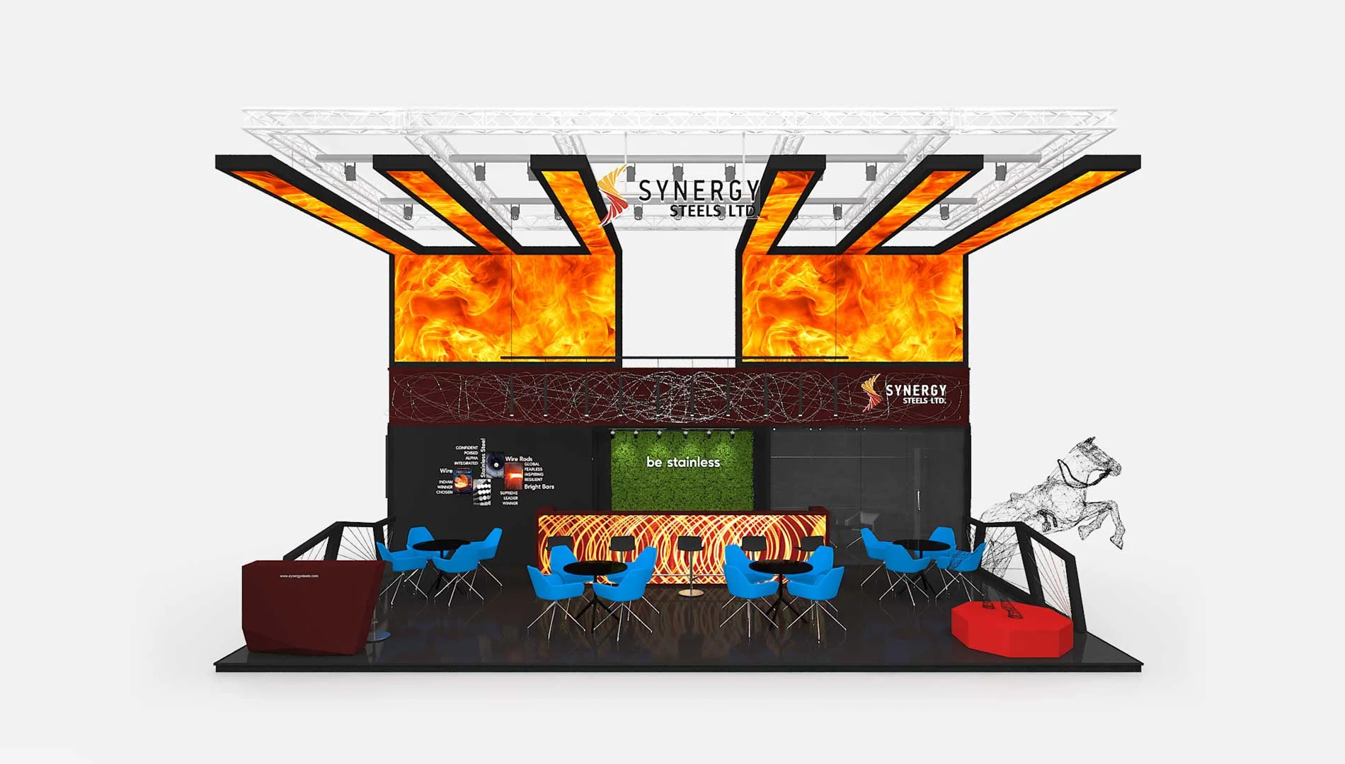 Synergy Steels - exhibition stand design setup with engaging displays and branding elements