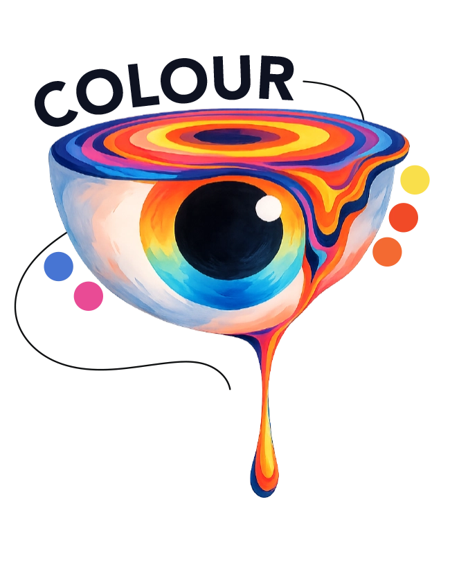 Visual representation of a brain alongside the terms 'colour' and 'brain' 