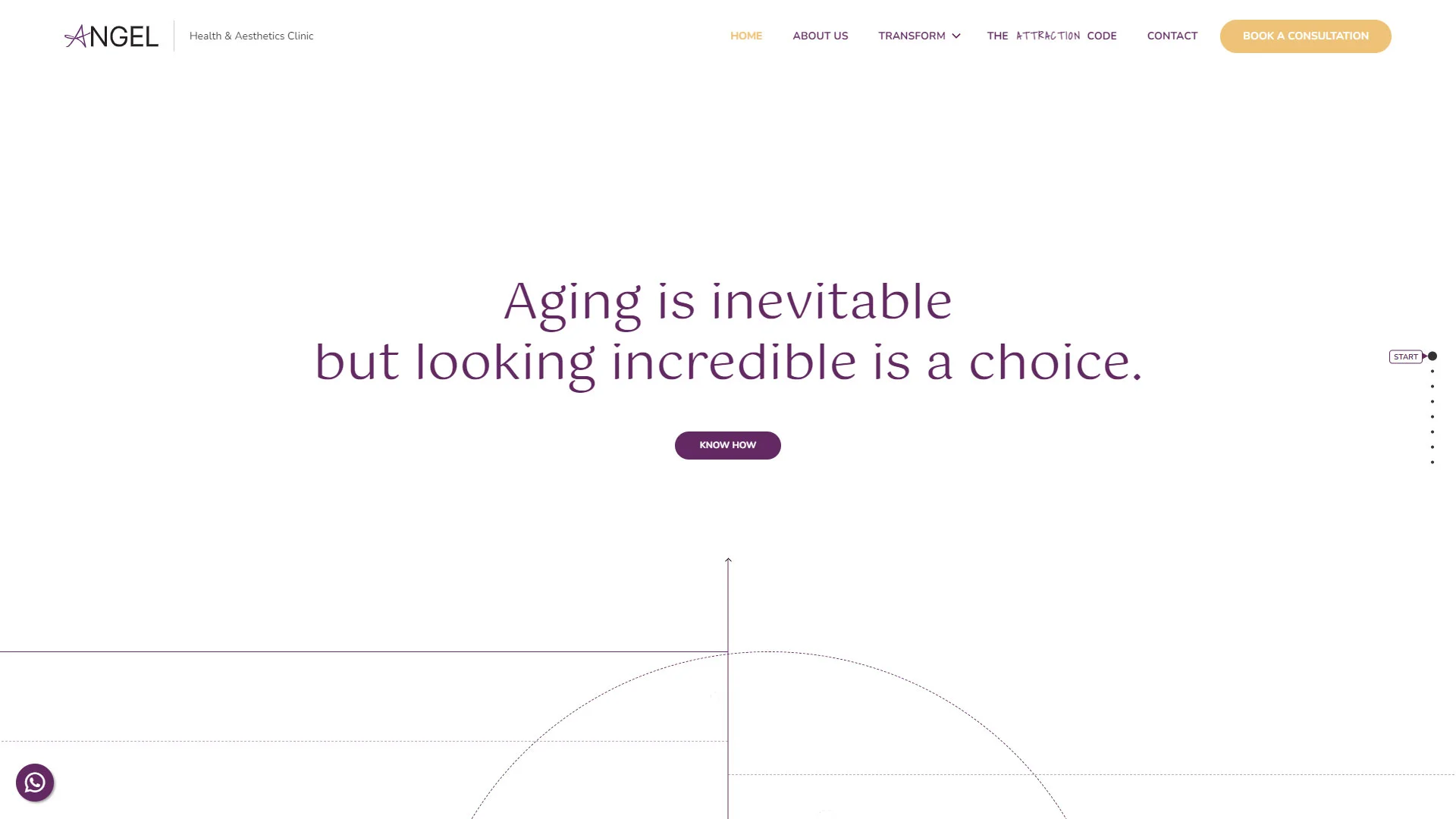Angel Health & Aesthetics Clinic homepage with the tagline 'Aging is inevitable but looking incredible is a choice
